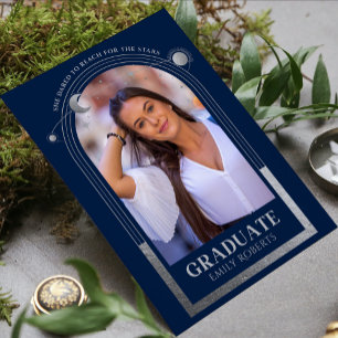 Navy Blue Silver Sun Moon Stars Graduation Photo Invitation