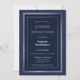 Navy Blue Silver Surprise 21st Birthday Dinner Invitation