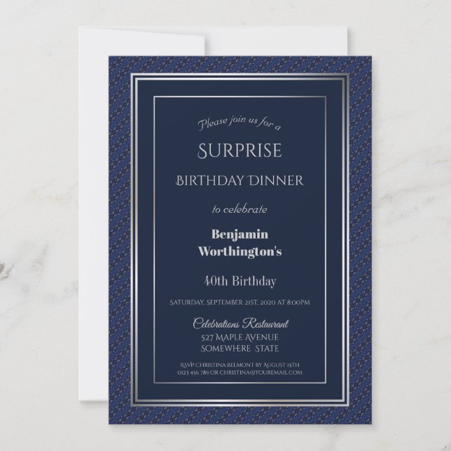 Navy Blue Silver Surprise 40th Birthday Dinner Invitation (Front)