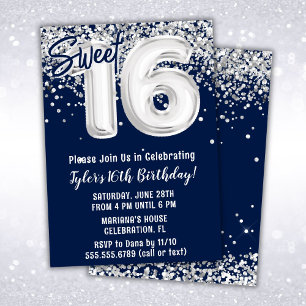 Navy Blue Silver Sweet 16th Birthday Party Invitation