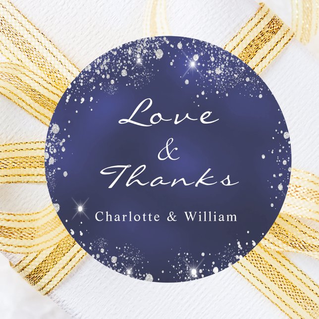 Navy blue silver thank you wedding classic round sticker (Creator Uploaded)