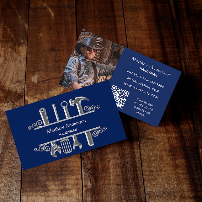 Navy blue silver tools home repairs photo QR code Business Card (Creator Uploaded)