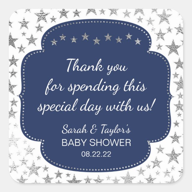 Navy Blue Silver Twinkle stars thank you favour Square Sticker (Front)