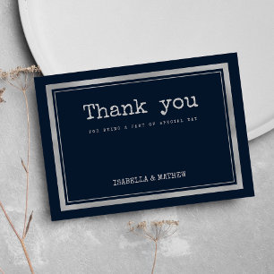 Navy blue silver typewriter font rustic Thank You Invitation