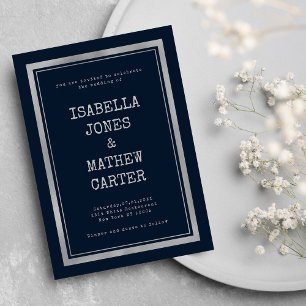 Navy blue silver typewriter font rustic wedding invitation