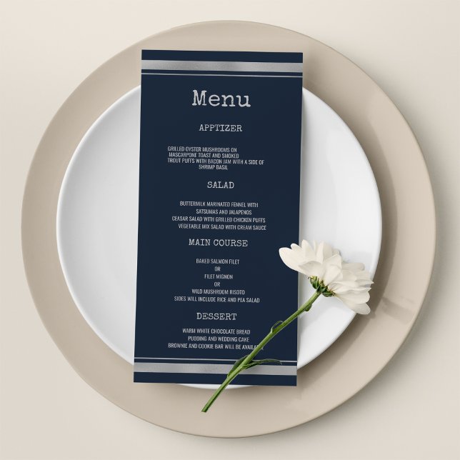 Navy blue silver typewriter font Wedding Menu (Navy blue silver typewriter font Wedding Menu)