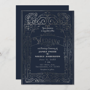 Navy Blue & Silver Vintage Victorian Deco Wedding Invitation