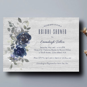 Navy Blue Silver Watercolor Floral Bridal Shower Invitation