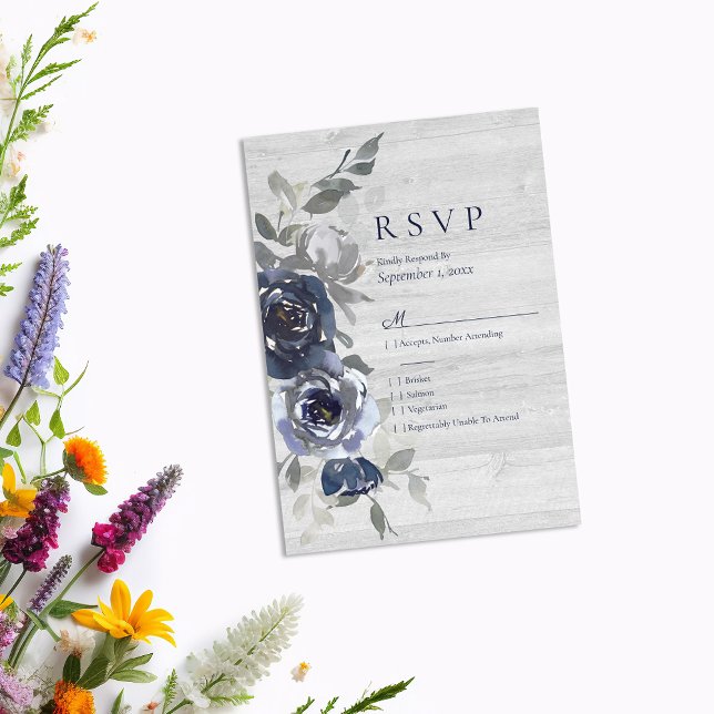 Navy Blue Silver Watercolor Floral RSVP Wedding (Creator Uploaded)