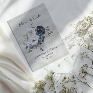 Navy Blue Silver Watercolor Floral Save the Date