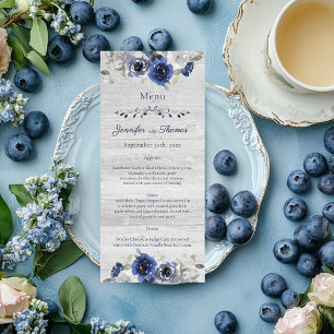 Navy Blue Silver Watercolor Floral Wedding Menu