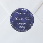 Navy blue silver wedding Save the Date Classic Round Sticker<br><div class="desc">A Save the Date sticker for your wedding. A navy blue background,  white text. The blue colour is uneven. Decorated with faux silver sparkles. Personalise and add your names and wedding date.</div>