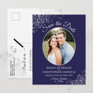 Navy Blue & Silver Wedding Save the Date Photo Announcement Postcard