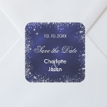 Navy blue silver wedding Save the Date Square Sticker<br><div class="desc">A Save the Date sticker for your wedding. A navy blue background,  white text. The blue colour is uneven. Decorated with faux silver sparkles. Personalise and add your names and wedding date.</div>