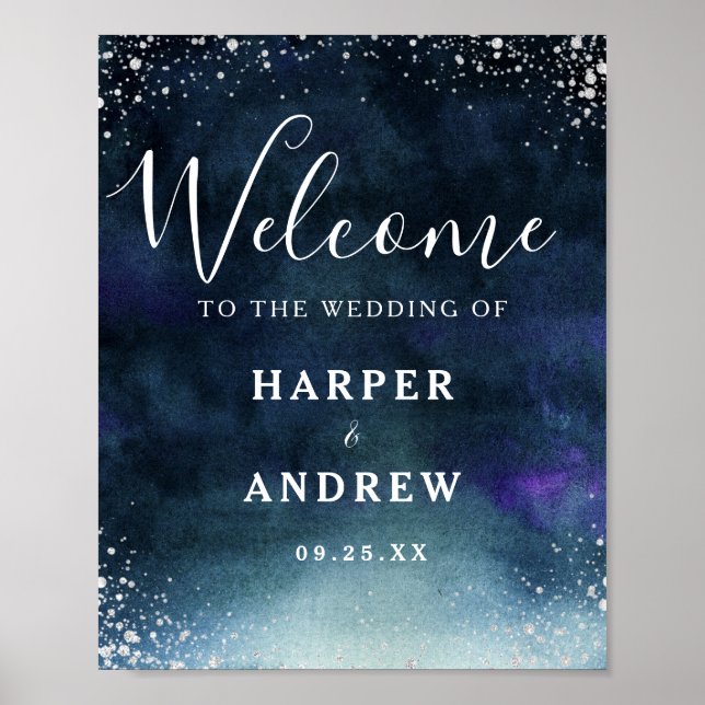 Navy Blue Silver Wedding Welcome Sign (Front)