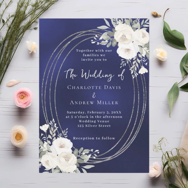 Navy blue silver white florals roses wedding invitation (Creator Uploaded)