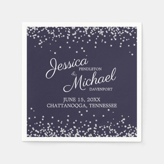 Navy Blue Silver White Glitter Wedding Reception Napkin (Front)