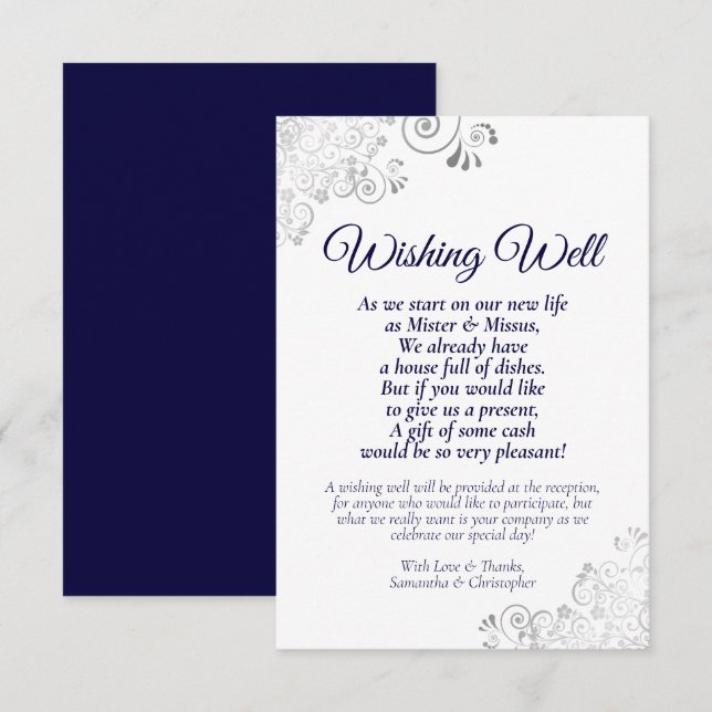 Navy Blue & Silver White Wedding Wishing Well Poem Enclosure Card (Front/Back)