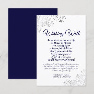 Navy Blue & Silver White Wedding Wishing Well Poem Enclosure Card