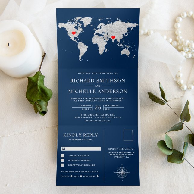 Navy Blue Silver World Map All in One Wedding Tri-Fold Invitation (Creator Uploaded)