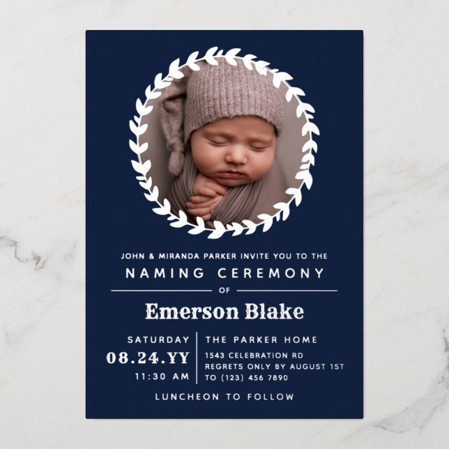 Navy Blue Silver Wreath Baby Photo Naming Ceremony (Front)