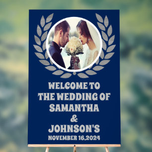 Navy Blue Silver Wreath Photo Wedding Welcome Acrylic Sign
