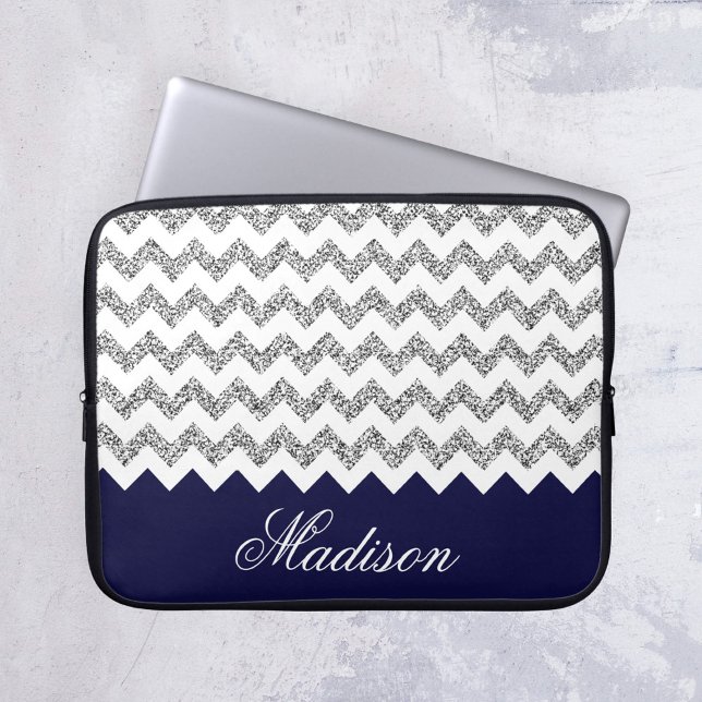 Navy Blue Silvery Glitter Chevron Pattern Laptop Sleeve (Creator Uploaded)