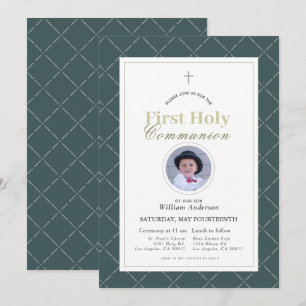 Navy Blue Simple Boy Photo First Holy Communion Invitation