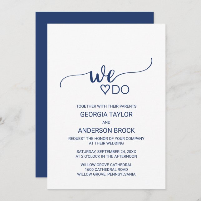 Navy Blue Simple Calligraphy "We Do" Wedding Invitation (Front/Back)