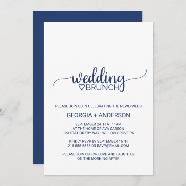 Navy Blue Simple Calligraphy Wedding Brunch Invitation (Front/Back)