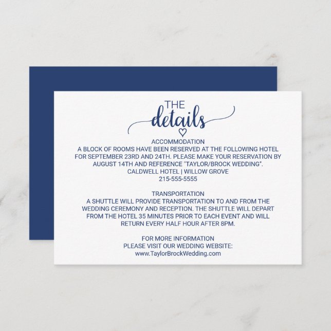 Navy Blue Simple Calligraphy Wedding Details Card (Front/Back)