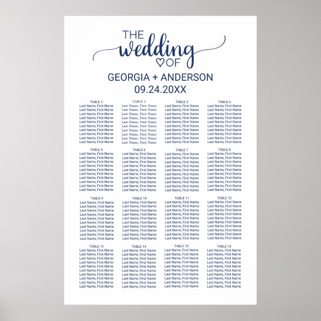 Navy Blue Simple Calligraphy Wedding Seating Chart (Front)