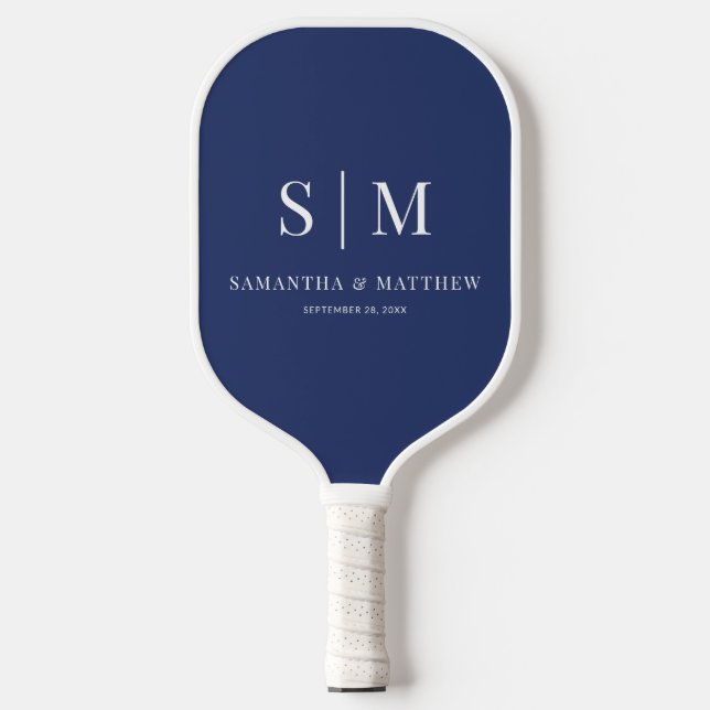 Navy Blue Simple Couple Initials Wedding Pickleball Paddle (Front)