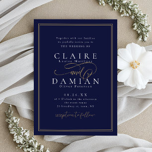 Navy Blue Simple Elegance Romantic Script Wedding Invitation