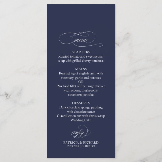 Navy Blue Simple Elegant 4x9 Wedding Menu (Front)