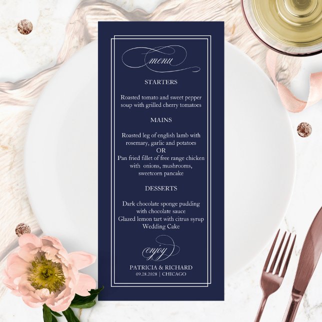 Navy Blue Simple Elegant 4x9 Wedding Menu (Creator Uploaded)