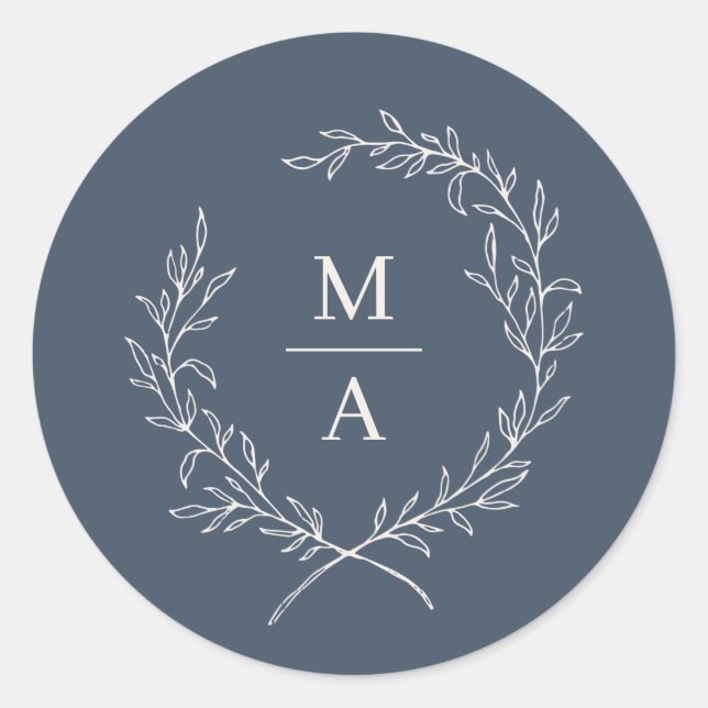  Navy Blue Simple Elegant Laurel Wreath Monogram Classic Round Sticker (Front)