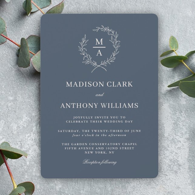 Navy Blue Simple Elegant Monogram Wedding Invitation (Creator Uploaded)