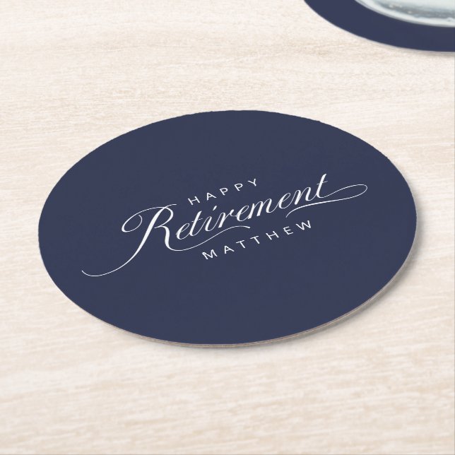 Navy Blue Simple Elegant Retirement Party Round Paper Coaster (Angled)