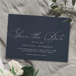 Navy Blue | Simple Elegant Vintage Script Wedding Save The Date<br><div class="desc">Pretty and simple save the date cards with a vintage-style script. White font on a contrasting dark blue background.</div>