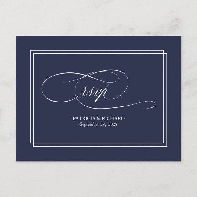 Navy Blue Simple Elegant Wedding RSVP Postcard (Front)