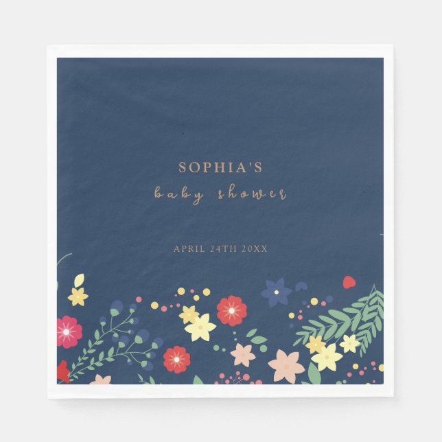 Navy Blue Simple Elegant Wildflower Baby Shower  Napkin (Front)