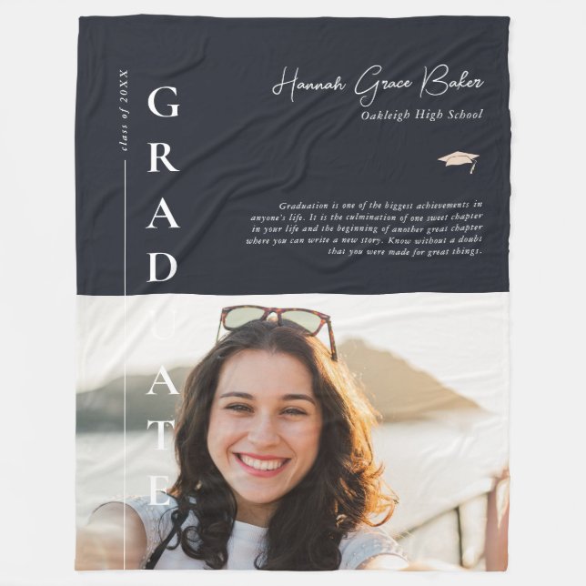 Navy Blue | Simple Graduation Photo & Quote Fleece Blanket (Front)