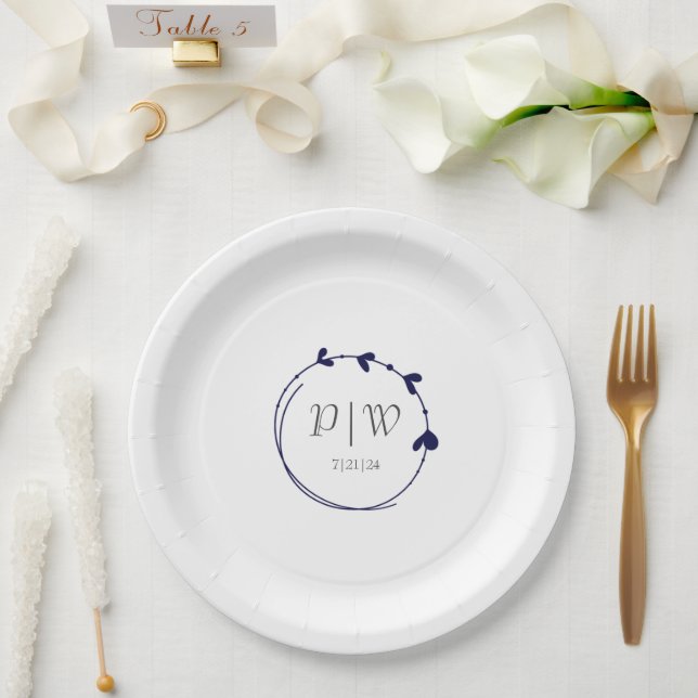 Navy Blue Simple Heart Wreath Monogram Wedding Paper Plate (Wedding)