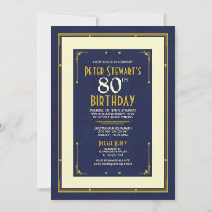 Navy Blue Simple Man's Classic 80th Birthday Invitation