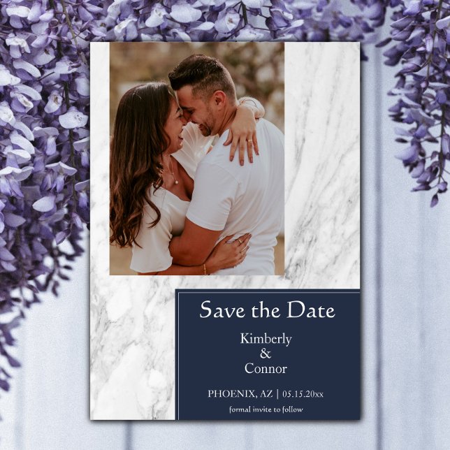 Navy Blue Simple Marbled Photo Save The Date (Navy Simple Marbled Photo Save the Date)