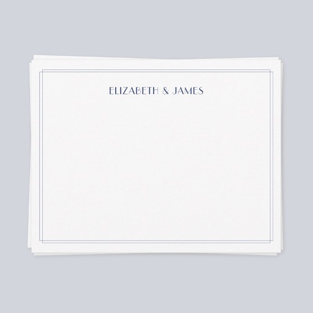 Navy Blue Simple Modern Art Deco Couple Names Card (Navy blue double border modern art deco couple note card)