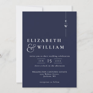 Navy Blue Simple Modern Elegant Monogram Wedding Invitation