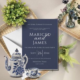 Navy Blue Simple Modern Elegant Wedding Invitation