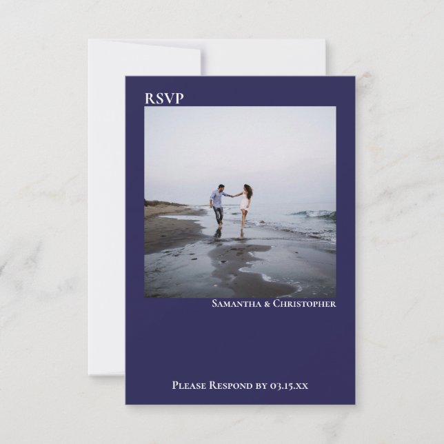 Navy Blue Simple Modern Minimalist Photo Wedding RSVP Card (Front)